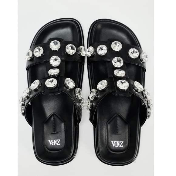 Zara RHINESTONE EMBELLISHED FLAT SANDALS - Picture 1 of 6